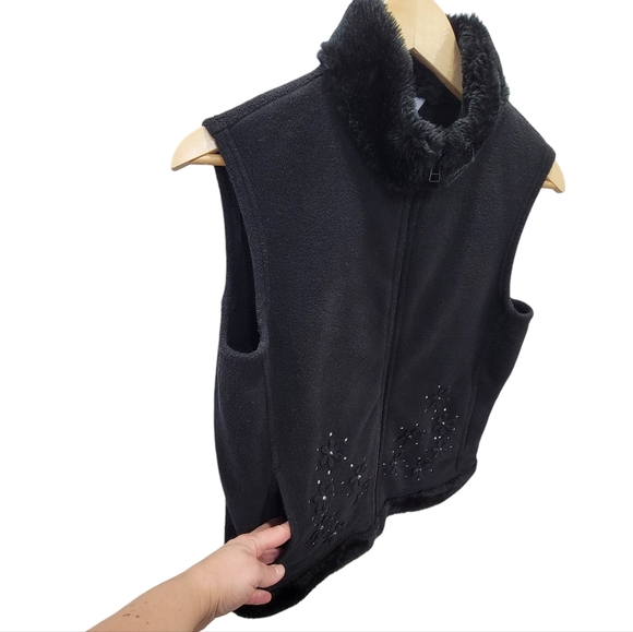 Vintage Northern Reflections Fleece Vest Black Faux Fur Trim Cozy Warm Women’s S - Picture 6 of 17